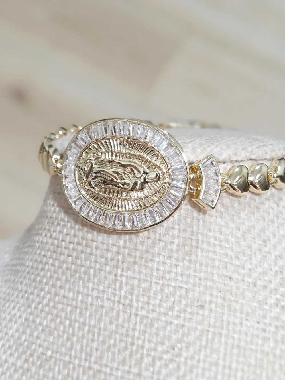 Gold Miraculous Medal Bracelet with Clear Stones - - Picture 2 of 3